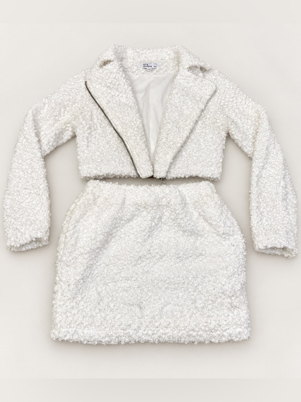 Hot & Delicious White Fluffy Sparkle Cropped Zip-Up Jacket & Mini Skirt Set S